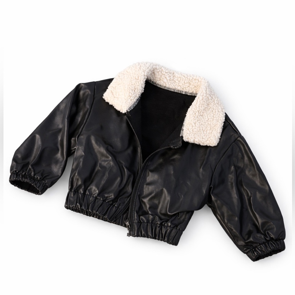 SHEIN Kids Faux Leather Jacket Sherpa Collar Black Toddler